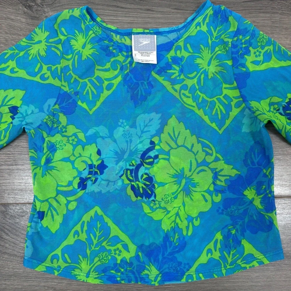 Speedo Girls 3 Piece Y2K Swim Set Bikini Rashguard Cover Up Floral Blue Green 12